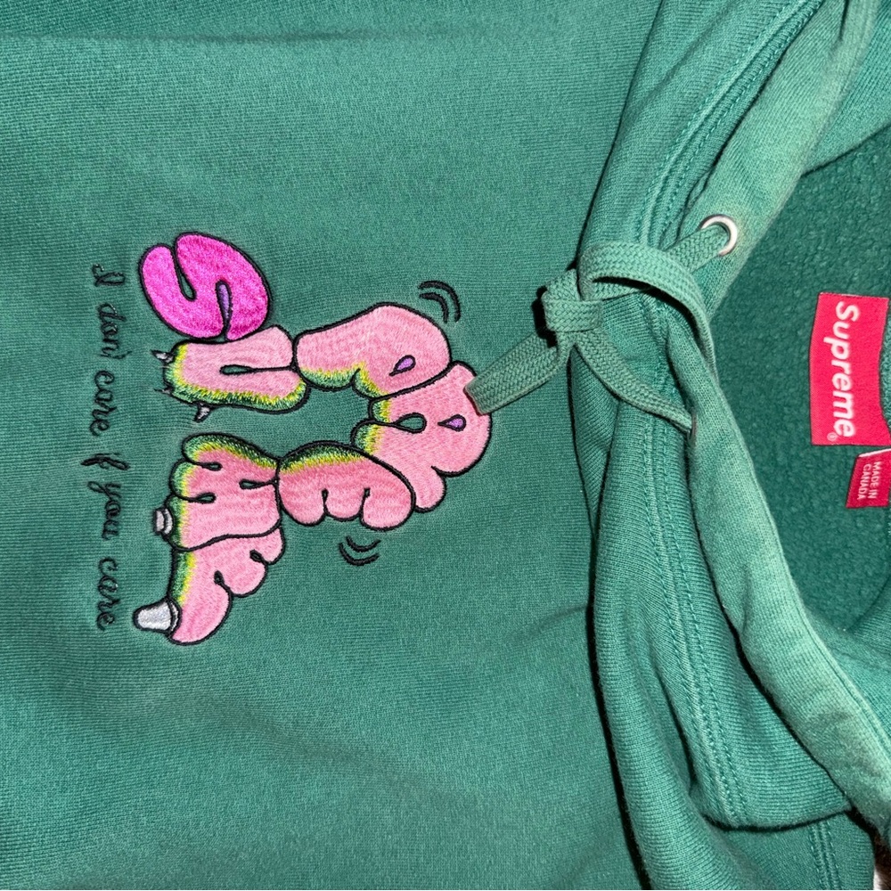 Supreme Green Hoodie with Pink Logo - Picture 2 of 3